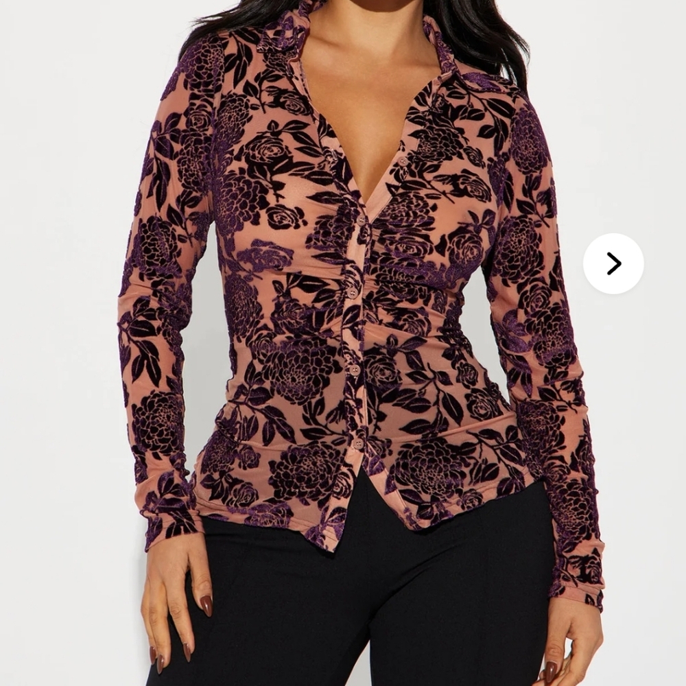 Fashion Nova Velvet Floral Button-Up Shirt - Pink and Purple